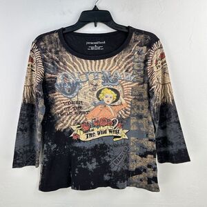 Vtg PersonaliTees shirt‎ Womens S Black Gray Outlaw Tales Of The Wild West Y2K